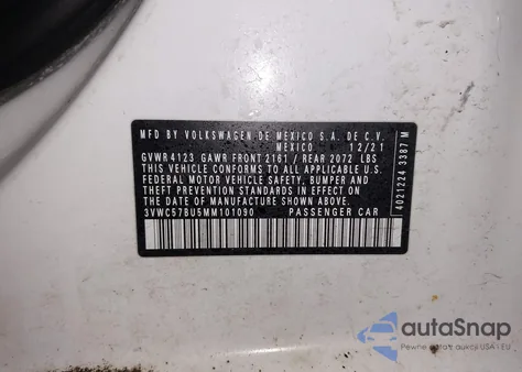 2021 Volkswagen Jetta 1.4T R-Line/1.4T S/1.4T Se z USA, uszkodzony, nr VIN 3VWC57BU5MM101090